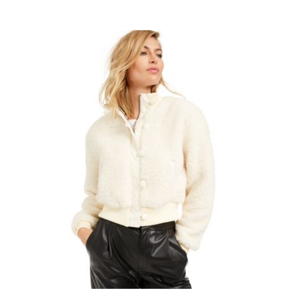 Bar III Womens Winter Faux Shearling Bomber Jacket Ivory M